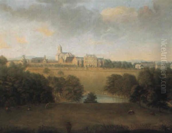 View Of House And Church In A Park, With Lake And Sheep In Foreground Oil Painting by George Cuitt