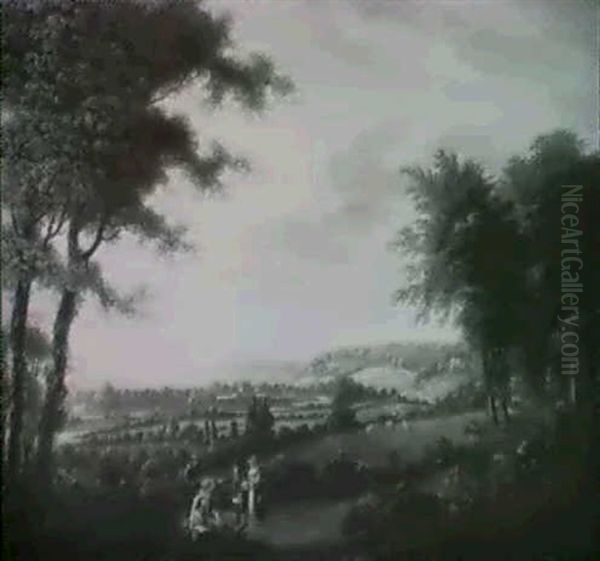 Figures In A River Landscape Oil Painting by George Cuitt