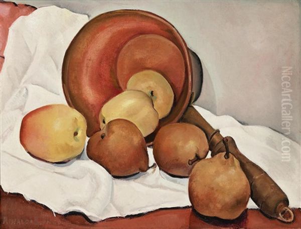 Still Life With Anjou Pears, Apples And Copper Pot Oil Painting by Rinaldo Cuneo