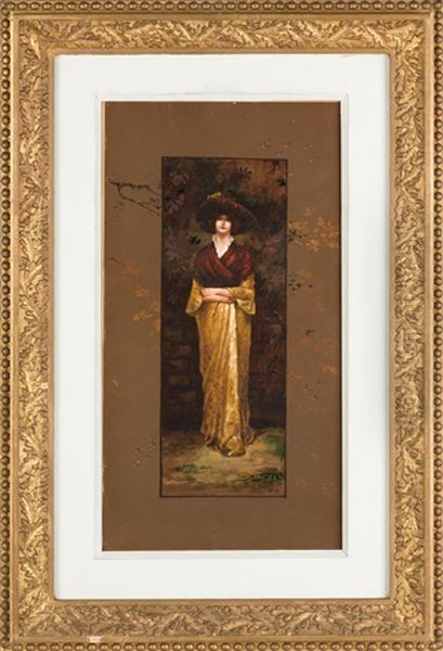 Young Lady With Hat With Floral Background Oil Painting by Charles Curran