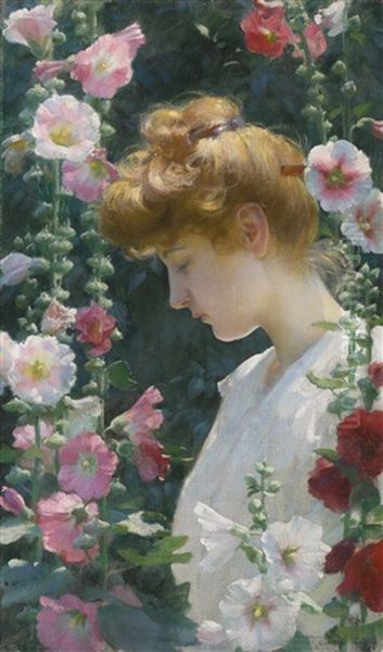 Hollyhocks And Sunlight Oil Painting by Charles Curran