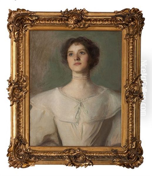 Blue Eyed Sitter In White Dress Oil Painting by Charles Curran