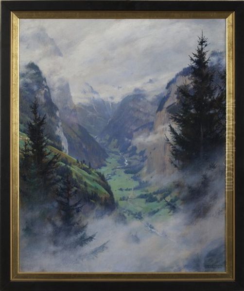 Mountainous Landscape With Valley And Waterfall Oil Painting by Charles Curran