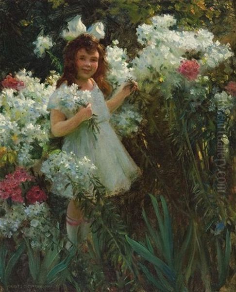 Sunshine And Flowers, Child With Phlox Oil Painting by Charles Curran