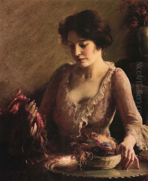 Portrait Of A Woman With A Basket Of Ribbon Oil Painting by Charles Curran