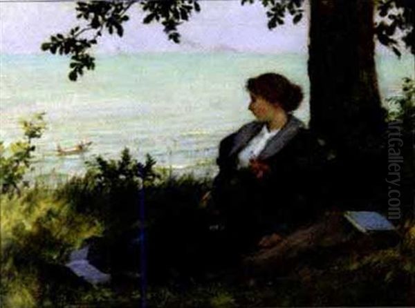 Woman In Blue Seated By The Seashore, Boats In The Distance Oil Painting by Charles Curran