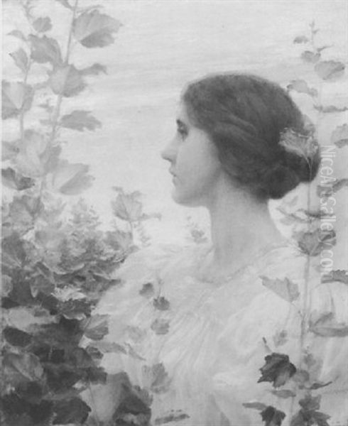 Young Beauty Among The Hollyhocks Oil Painting by Charles Curran