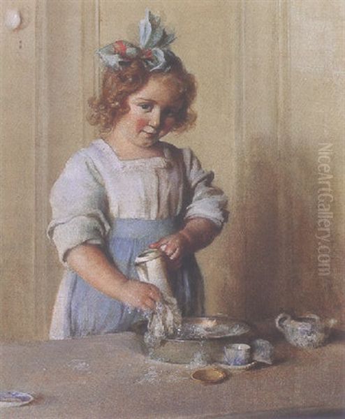 Washing Dishes - Emily And Her Tea Set Oil Painting by Charles Curran