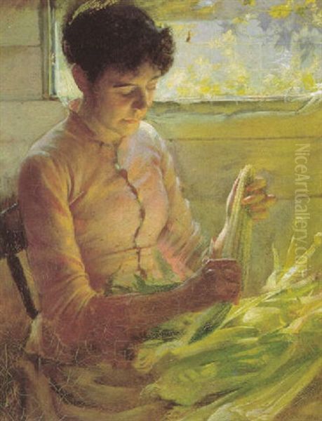 Shucking Corn Oil Painting by Charles Curran