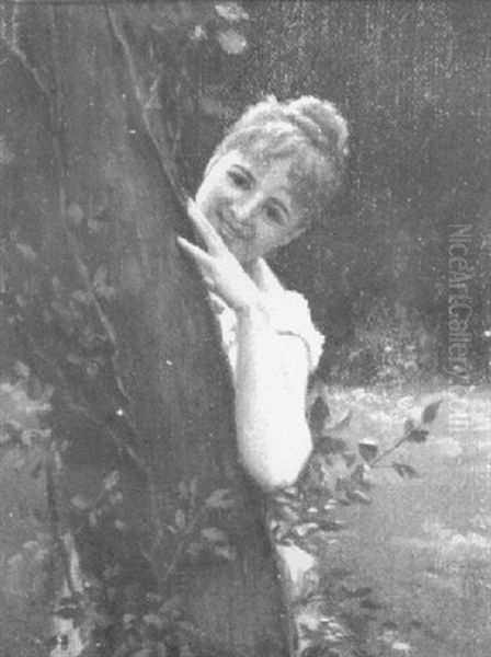 Portrait Of A Young Woman Peeking Out From Behind A Tree Oil Painting by Charles Curran