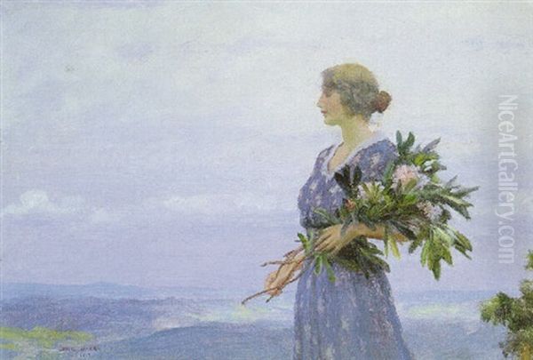 Woman With An Armful Of Flowers Oil Painting by Charles Curran