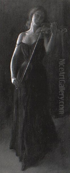 Girl With Violin Oil Painting by Charles Curran