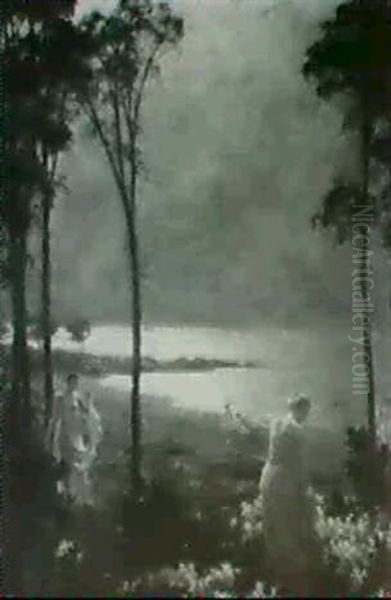 Figures By A Lake, Nocturnal View Oil Painting by Charles Curran
