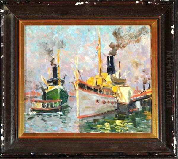 Dampfschiffe Im Hafen Oil Painting by Robert Franz Curry