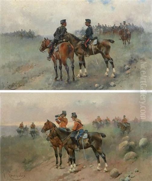 Pareja De Cuadros De Militares A Caballo (+ Another, Similar; Pair) Oil Painting by Josep (Jose) Cusachs y Cusachs