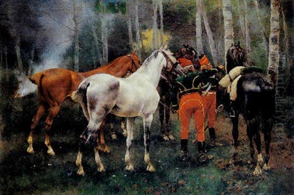 Husares Y Caballos En El Bosque Oil Painting by Josep (Jose) Cusachs y Cusachs