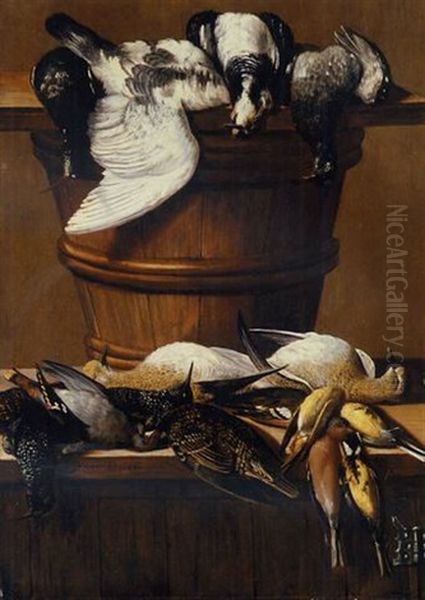 Finches, Tits, Starlings And Thrushes On A Cupboard, With Wood Pigeons Resting On A Pail Oil Painting by Johannes Cuvenes