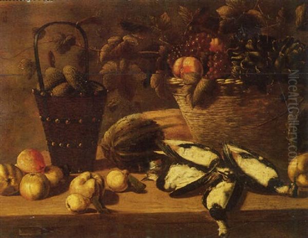 Grapes, Peaches And Artichokes In A Basket With Gherkins In A Bucket, A Melon, Dead Pigeons, Apples And Pears On Wooden Table Oil Painting by Johannes Cuvenes