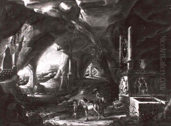 Reiter In Einer Felsgrotte Bei Antikisierenden Grabanlagen Oil Painting by Abraham van Cuylenborch
