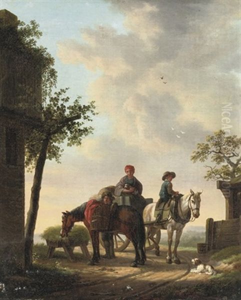Travellers And Their Horses Halting Near A Well Oil Painting by Cornelis van Cuylenburg