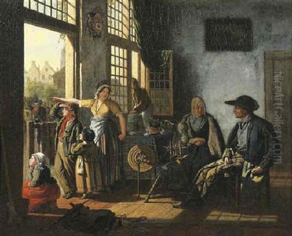 A Woman And Her Children In An Interior By An Open Door, An Old Couple By A Spinning Wheel Seated Nearby, Townsfolk Beyond Oil Painting by Cornelis van Cuylenburg