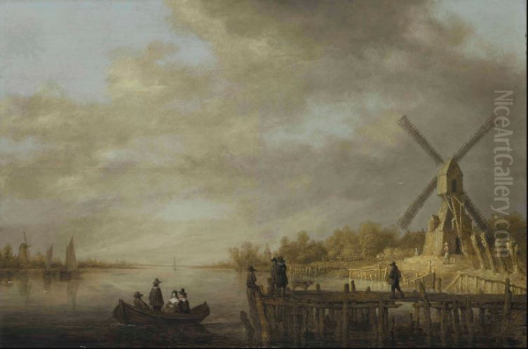 A River Landscape With A Windmill And Gentlefolk In A Rowing Boat And On A Jetty In The Foreground Oil Painting by Aelbert Cuyp