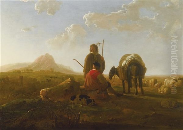 Two Shepherds With A Mule And A Dog In A Hilly Landscape Oil Painting by Aelbert Cuyp