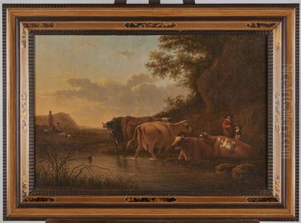 Cinq Vaches Pres D'une Rive Escarpee Oil Painting by Aelbert Cuyp