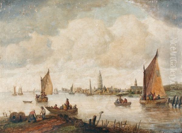 Belebte Flusslandschaft Mit Segelboooten Und Einer Stadt Oil Painting by Aelbert Cuyp