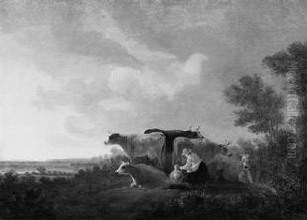Bauerin Bei Kuhen Auf Einer Anhohe Oil Painting by Aelbert Cuyp