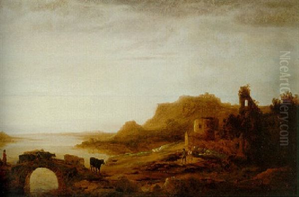 River Landscape With A Drover Herding Cattle Over A Bridge And Shepherds At Rest By Ruined Buildings Oil Painting by Aelbert Cuyp