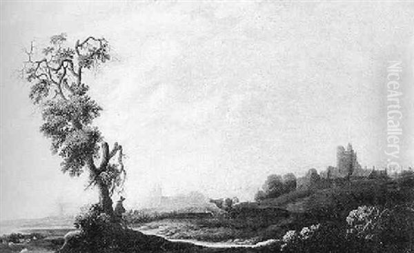 Hugelige Landschaft Mit Kleiner Stadt, Vor Der In Den Wiesen Kuhe Weiden Oil Painting by Aelbert Cuyp