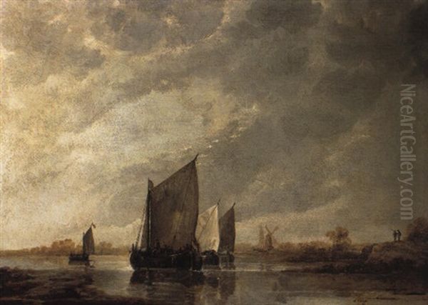 Barges Close-hauled In Light Airs On A River Oil Painting by Aelbert Cuyp