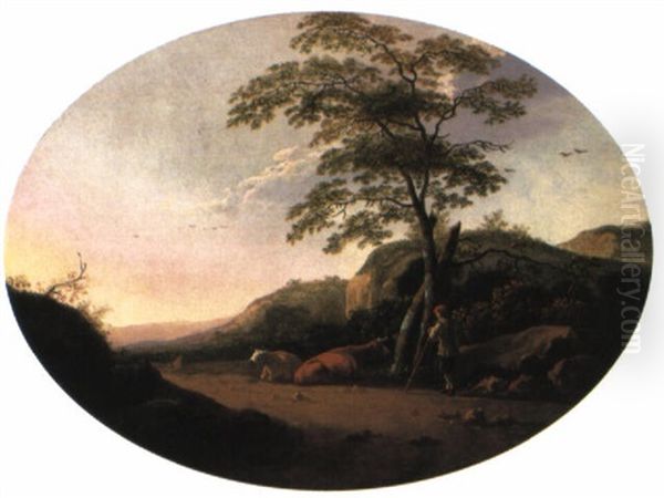 Paysage Vallonne Avec Un Paysan Gardant Deux Vaches, Au Coucher Du Soleil Oil Painting by Aelbert Cuyp