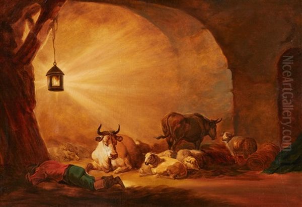 Barn Interior With A Sleeping Shepherd Oil Painting by Benjamin Gerritsz Cuyp