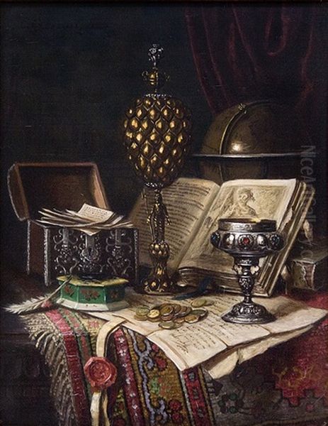 Still Life With Cup, Box And Globe On An Oriental Carpet Oil Painting by Ernst Czernotzky