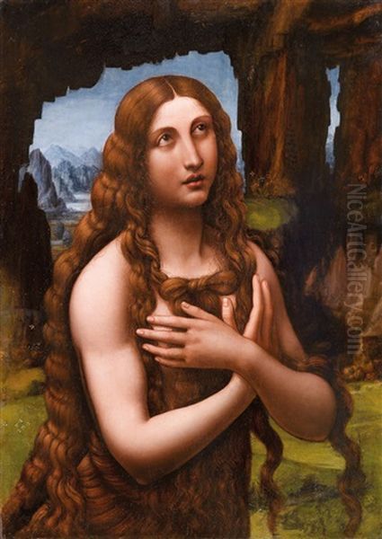 Maria Magdalena In Einer Felsigen Landschaft Oil Painting by Leonardo Da Vinci