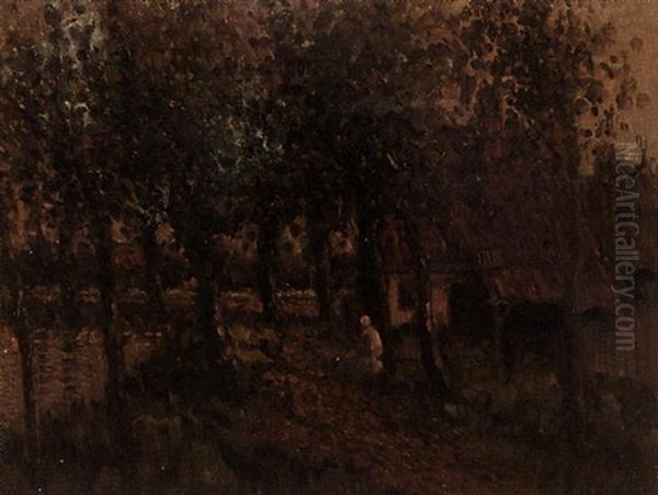 A Peasant Woman On A Path In A Wooded Landscape Oil Painting by Henri Van Daalhoff