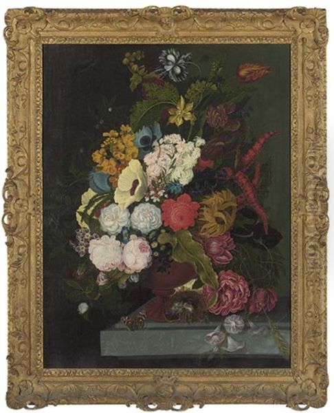 Roses, Poppies, Peonies, Parrot Tulips, A Sunflower And Other Flowers In An Urn On A Stone Ledge, With A Butterfly And A Nest With Eggs Oil Painting by Jan Frans Van Dael