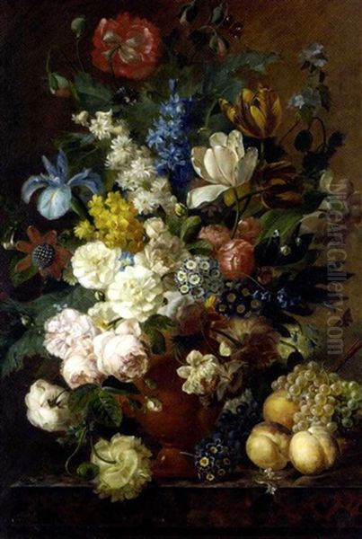 Roses, Dahlias, Tulips, Sweet William, Iris, And Other Flowers In A Terracotta Vase On A Ledge With Peaches, Grapes And Plums Oil Painting by Jan Frans Van Dael