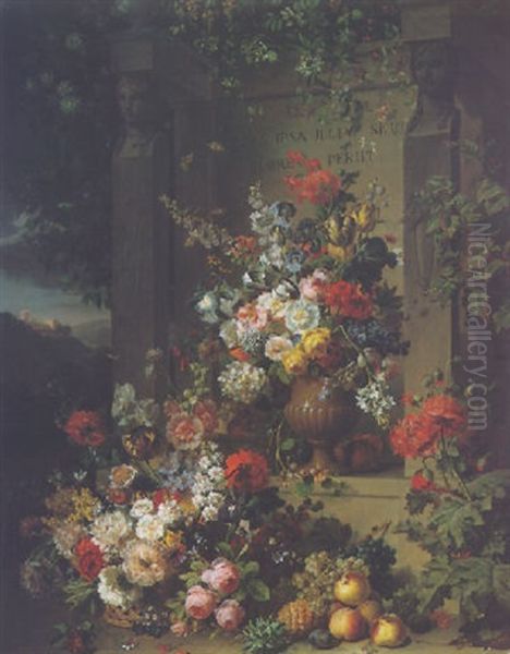 An Ornamental Garden With Various Flowers In An Alabaster Vase Within A Sculpted Stone Mausoleum, Fruits And A Basket Of Flowers In The Foreground Oil Painting by Jan Frans Van Dael