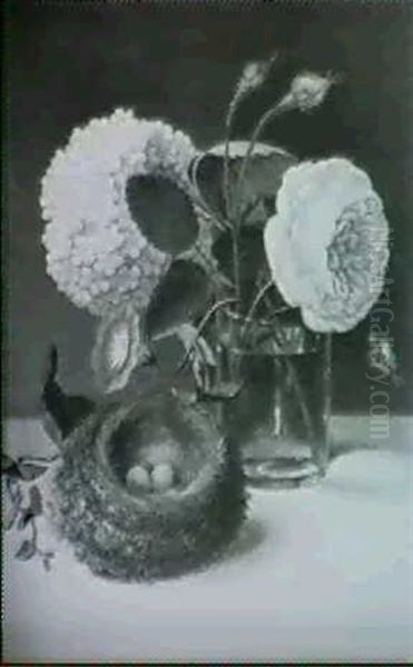 A Nest With Birds' Eggs Beside A Glass Beaker With Flowers Oil Painting by Jan Frans Van Dael