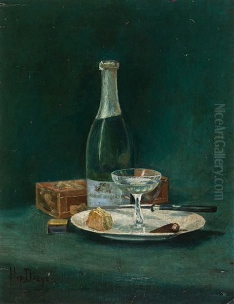 Nature Morte Avec Bouteille De Champagne - Nature Morte Avec Huitres Et Bouteille De Vin (2 Works) Oil Painting by Hippolyte Daeye