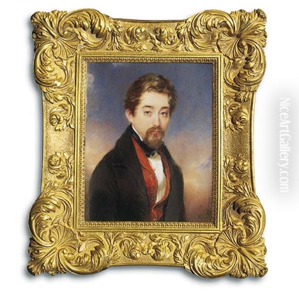 A Young Gentleman In Brown Coat, Floral Embroidered Brick-red Waistcoat, White Shirt And Black Cravat, Forward-combed Brown Hair, Beard And Moustache; Sky And Cloud Background Oil Painting by Moritz Michael Daffinger