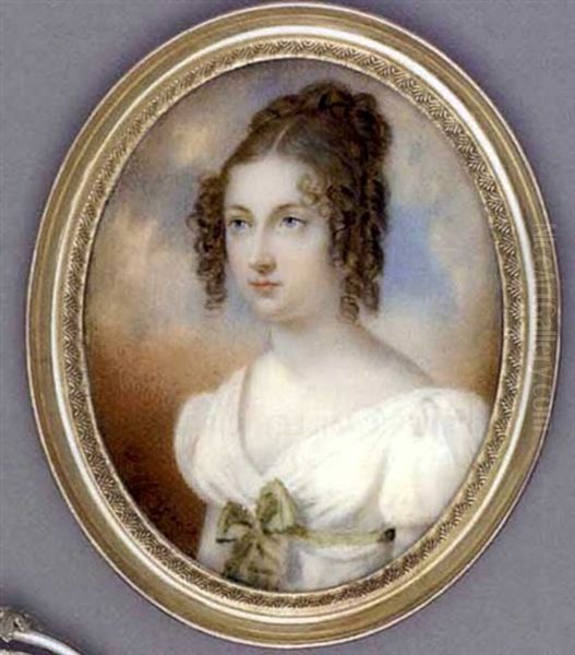 A Young Lady, In White Dress, Moss-green Sash Tied In A Bow At Corsage, Her Brown Hair Upswept And Dressed In Ringlets Oil Painting by Moritz Michael Daffinger