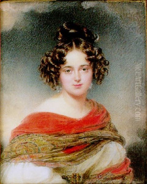 Schone Wienerin Mit Schwarzem Lockigem Haar, Grossen Perlen Und Einem Weisem Tullkleid Oil Painting by Moritz Michael Daffinger