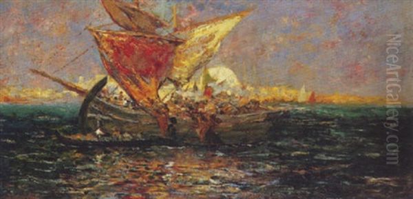 Caiques Sur Le Bosphore Oil Painting by Charles Henri Gaston Dagnac-Riviere