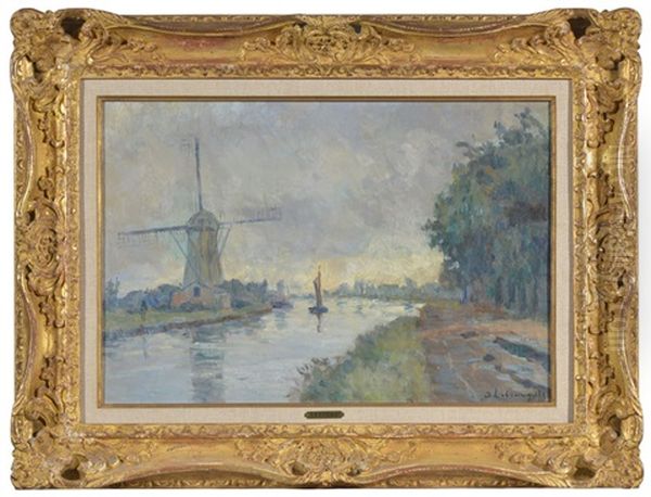 Moulin Sur Le Canal En Hollande Oil Painting by Albert Marie Adolphe Dagnaux