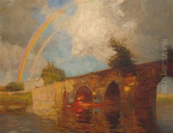 Le Vieux Pont A Mantes A L'arc En Ciel Oil Painting by Albert Marie Adolphe Dagnaux