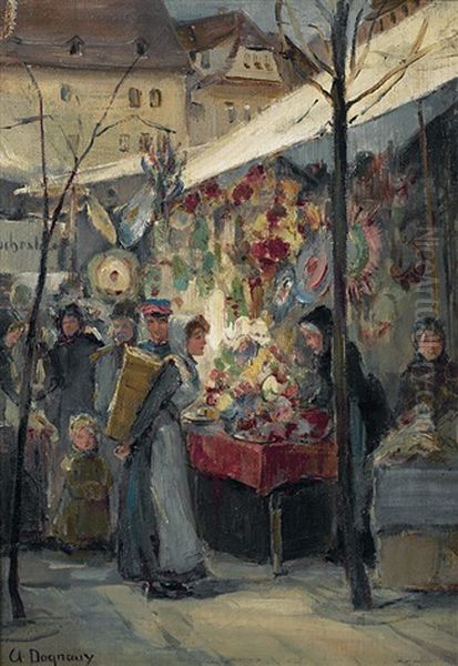 Junge Frau Vom Land Betrachtet Wehmutig Einen Putzmacherstand Auf Einem Pariser Markt Oil Painting by Albert Marie Adolphe Dagnaux